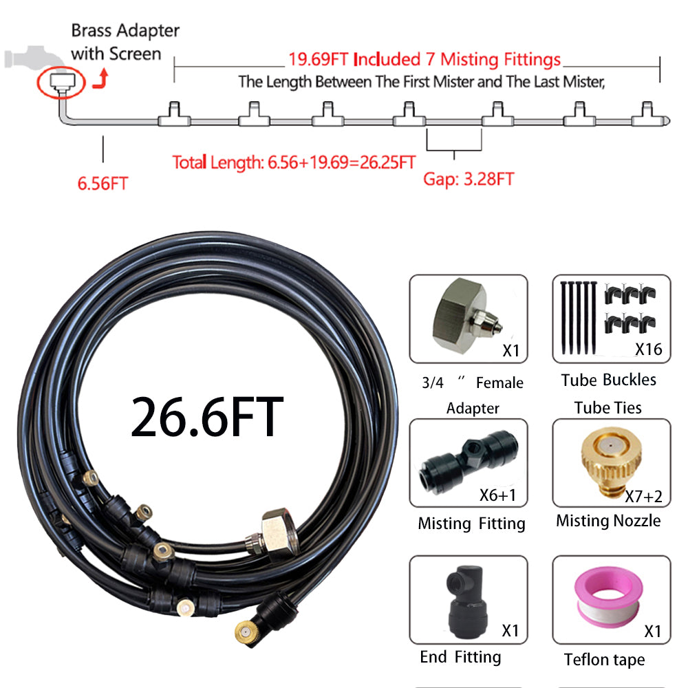8-26M Low Pressure Misting System For Outdoor Garden Patio Cooling Mister Kit With 3/4'' Brass Adapter